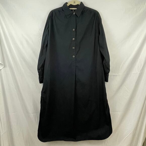 🍒 Cotton Oversized Boxy Midi Shirt Dress Black Button Front Classic Poplin XS - Picture 2 of 10